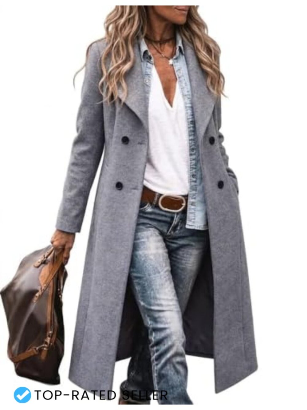 Womens Long Wool Blend Shawl Collar Double Breasted Pea Coat